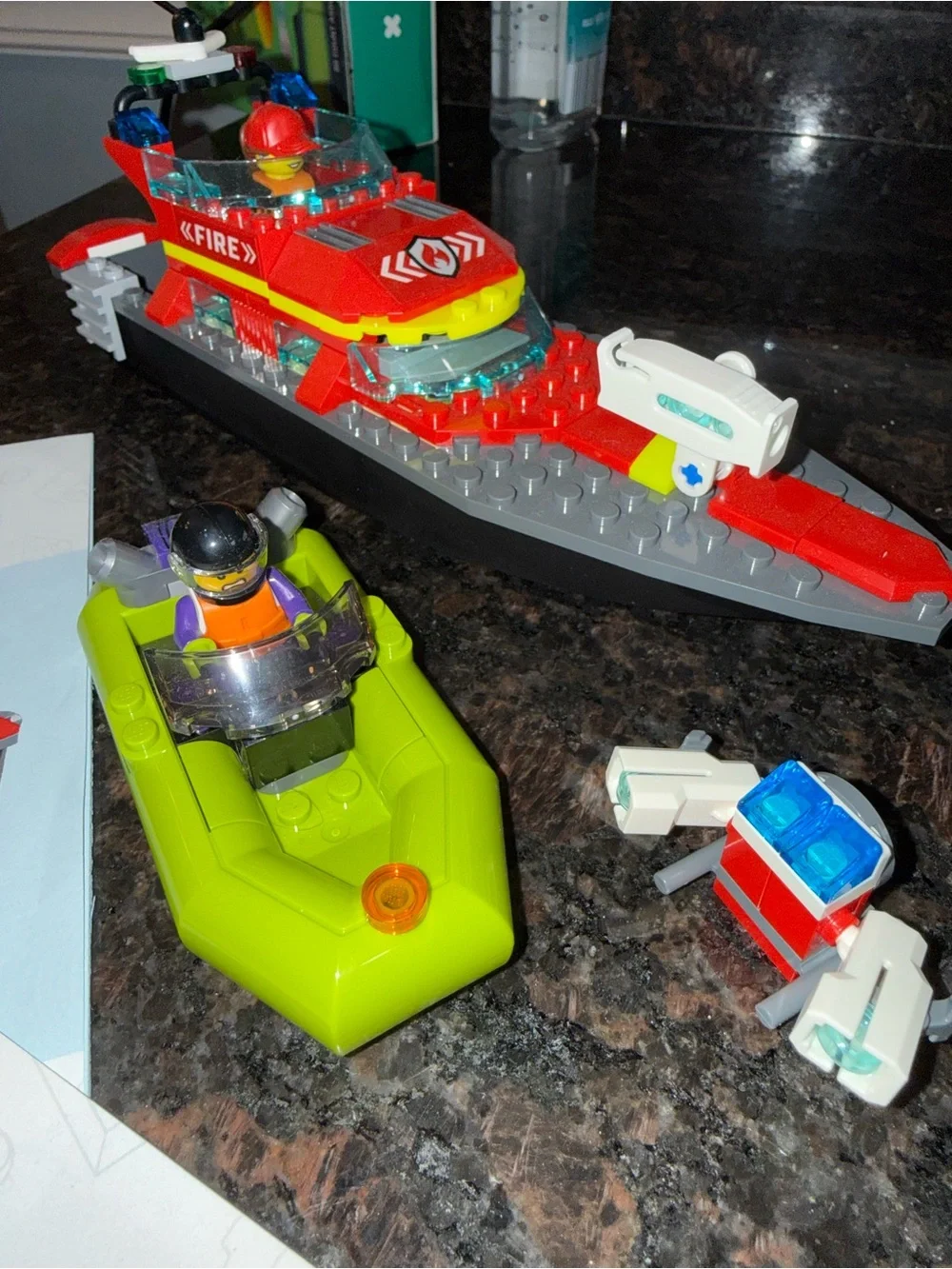 Lego City Red and Green Fire Rescue Boat with Lime Rescue Dinghy, Floats on h2o